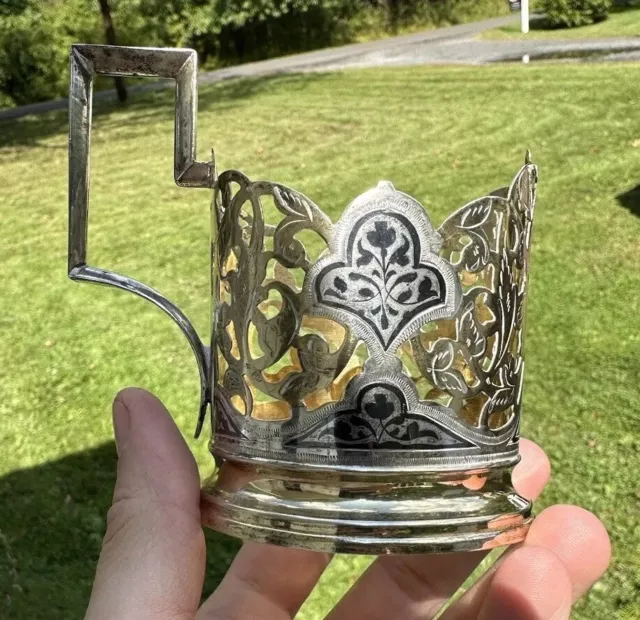 Vintage Russian Gilded Silver 875 Kubachi Niello Tea Glass Cup