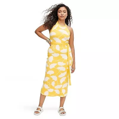 Women's Halter Tie Neck Ginkgo Yellow Sweaterknit Midi Dress - DVF L