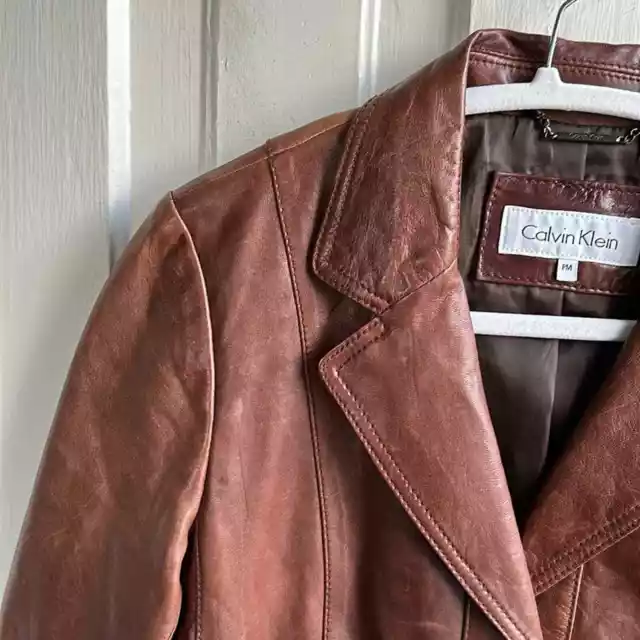 Calvin Klein Brown Leather Button Front Jacket Blazer 3