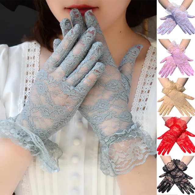 2pairs Women's Ladies Lace Gloves Flower Pattern Ruffle Short Wrist Wedding