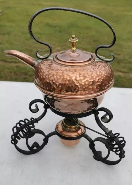 Antique Copper Arts And Crafts Spirit Kettle With Cast Iron Stand 32 X 23Cms