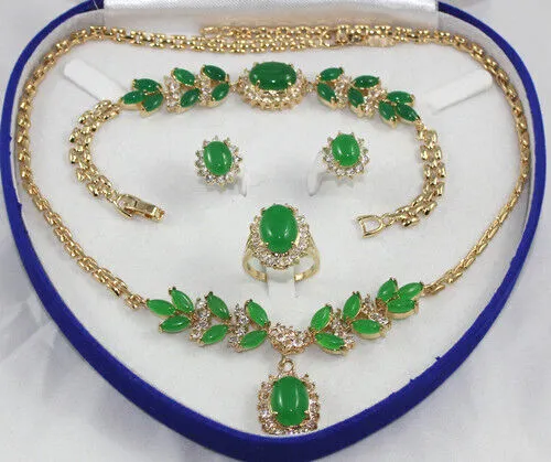 18K Gold GP Inlay Zircon Crystal Gems Ring Earring Bracelet Necklace Wedding Set