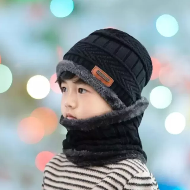 Kids Boys Girls Winter Hat and Scarf Set Warm Fleece Lined Knitted Beanie Cap AU 3