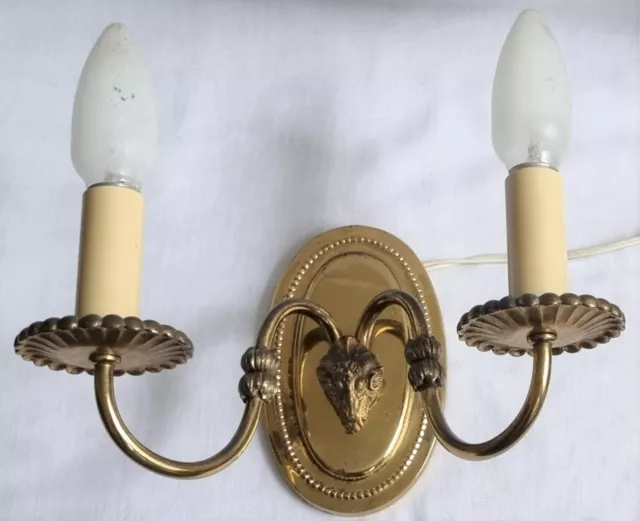 Vintage Pair Rams Head Wall Lights - Cast Brass - Two Lights - Twin Scroll Arms