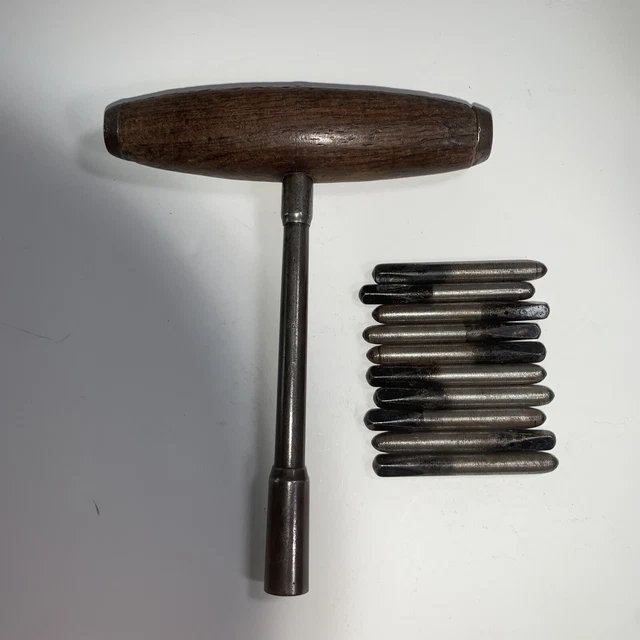 Piano Tuning Tool T Wrench Spanner with Wooden Handle W/pins Good condition. B17