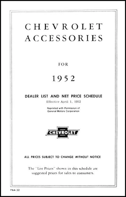 1952 Accessory Parts Price List