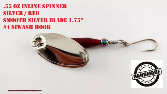 .55 OZ Inline Spinner SILVER-RED /Smooth Silver Blade 1.75"/ #4 Siwash Hook