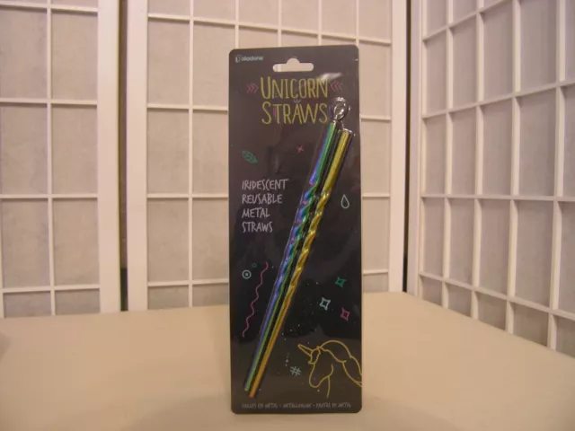 Unicorn Metal Drinking Straws Set 2  Stainless Steel Iridescent Reusable Party