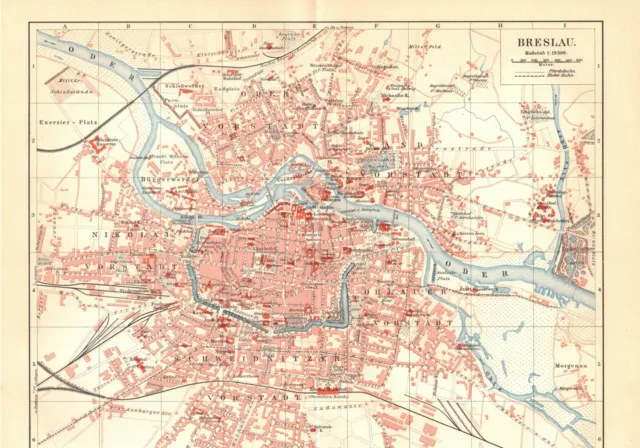 Breslau, alter historischer Stadtplan mit Register, Lithographie um 1900 (L95)