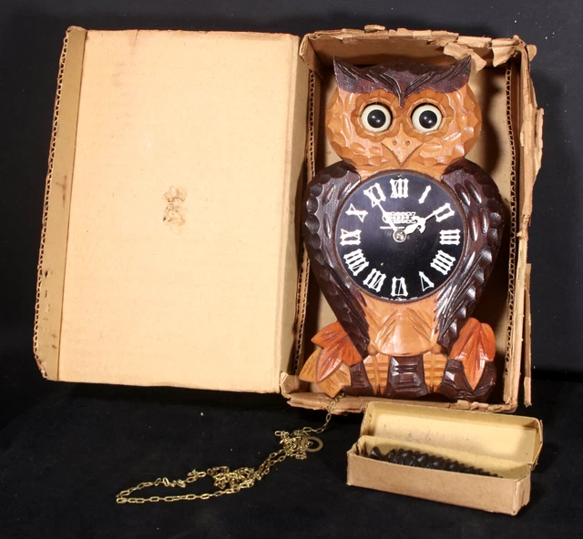 RARE NEW OLD STOCK! Vintage Popo Japan Owl Cuckoo Clock by TEYUKA Co Moving Eyes