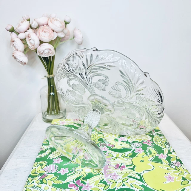 Vintage Mosser Clear Glass Cake Stand Inverted Thistle Flower Ohio USA