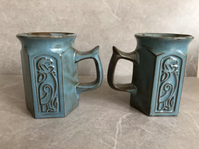 2x Mugs Pottery Welsh Wales Vintage 1980s Tyn Llan J&F Celtic Bird