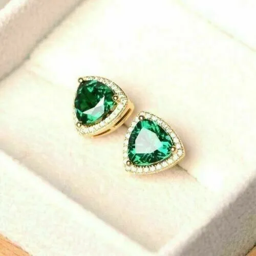 2 Ct Trillion Cut Green Emerald Lab Created Stud Earrings 14K Yellow Gold Plated