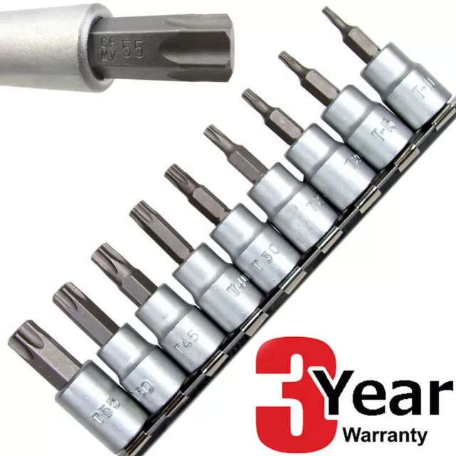 10Pc 3/8" Dr Crv Male Torx Sockets Bits + Rail T10 - T55 Star Chrome Vanadium