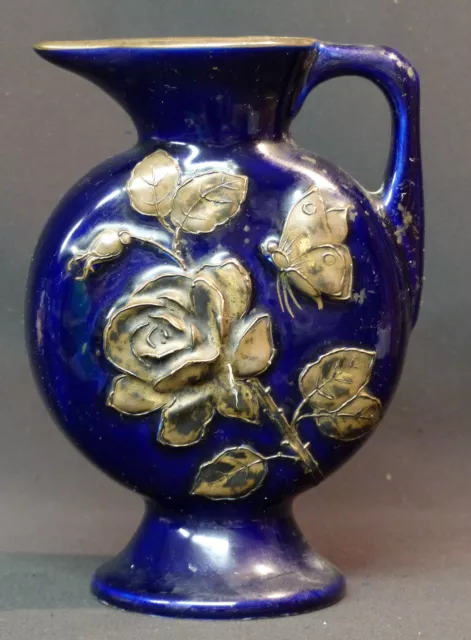 AA très beau pichet vase pot faience bleue émaillée motifs de roses 19cm690g