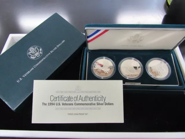 1994 US Veterans Commemorative 90% Silver Dollars 3 Coin PROOF Set