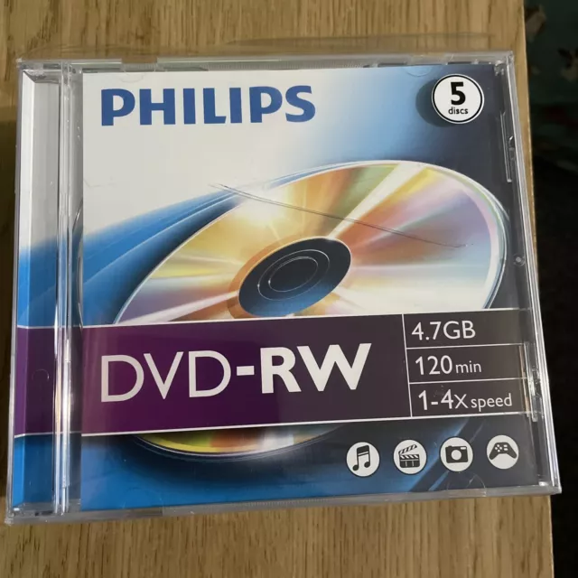 Confezione da 5 x Philips DVD-RW 4,7 GB dati 120 minuti nuovi e sigillati