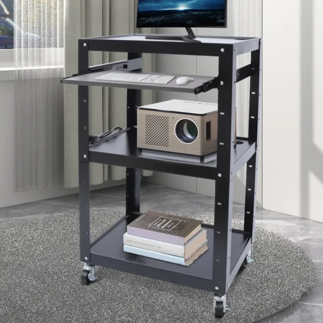 Adjustable Height Table Cart Computer Mobile Stand w/ Power Socket & Usb Plug-in