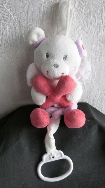 doudou peluche   musical  pommette  robe rose  mauve ailes a fleurs  ttbetat