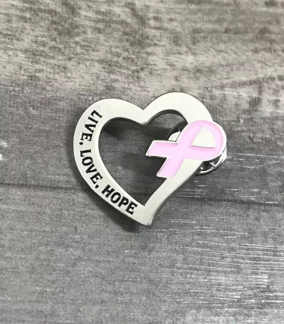 Live, Love, Hope Heart Pink Ribbon Breast Cancer Awareness Lapel Hat Bag Pin