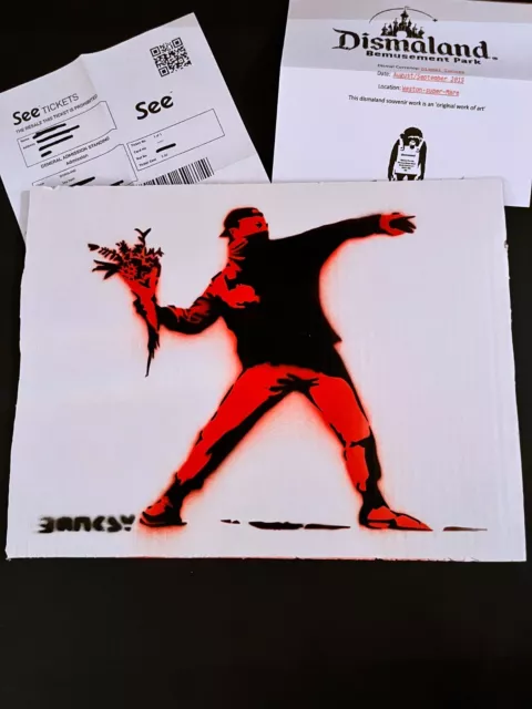 Banksy Signée Et Tampon - Dismaland- Pochoir Sur Carton + Certificat Et Billet