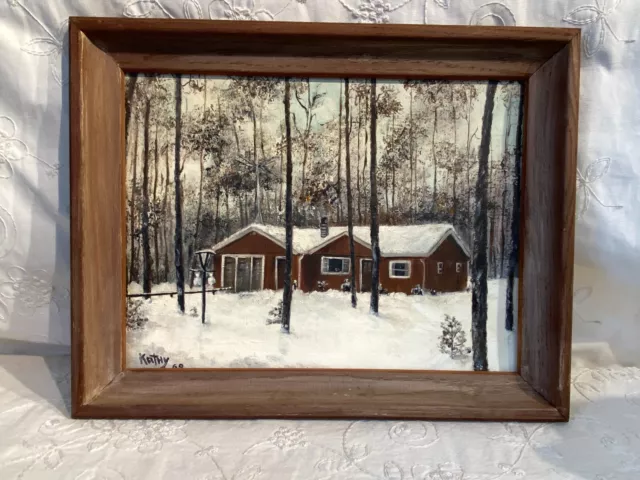 Vintage Original Acrylic Up North Cabin House Painting Michigan Signed 1969