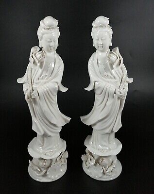 Par Raro Antigüedad Chino Dinastía Qing Guan Yin Blanc Des Porcelana Figuras