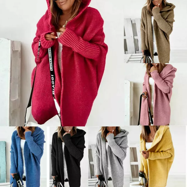 Women Long Sleeved Knitted Cardigan Open Front Sweater Casual Hooded Coat Jacket