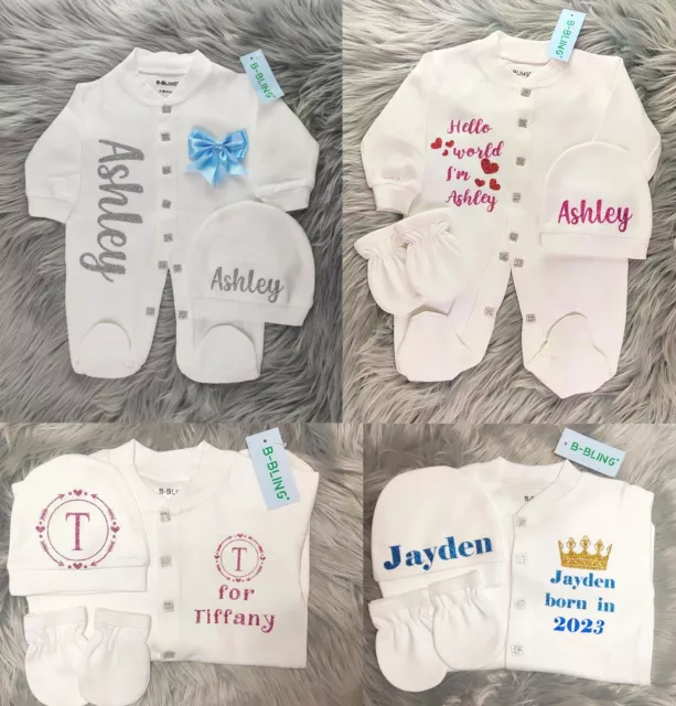 PERSONALIZED baby hospital set feet sleepsuit babygrow hat bib & gloves set