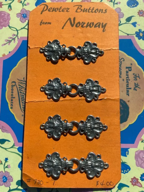 Juego de 4 botones de sujetador de cierre de rana para ojos de gancho de Noruega, peltre, vintage nuevo de lote antiguo