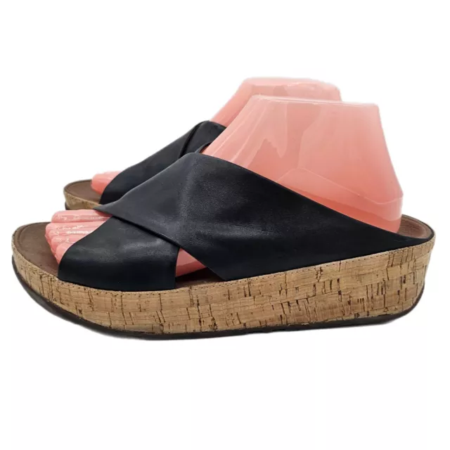 FitFlop Kys Womens Black Leather Criss Cross Cork Wedge Slide Sandals Size 8