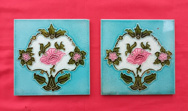 2 Piece Old Art Flower Design Embossed Majolica Ceramic Tiles Japan 0250 2