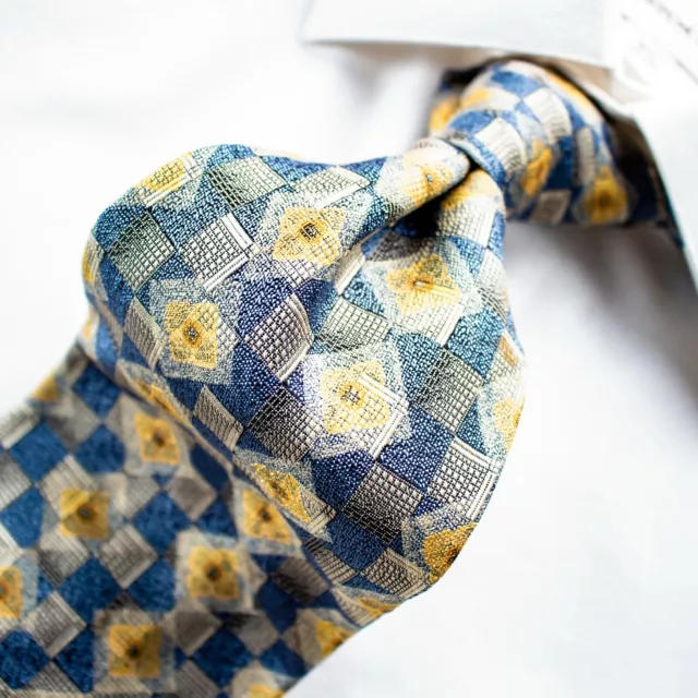 ROBERT TALBOTT Royal Blue Yellow Silver Gray Geometric Silk Woven Tie 58"L x 4"W