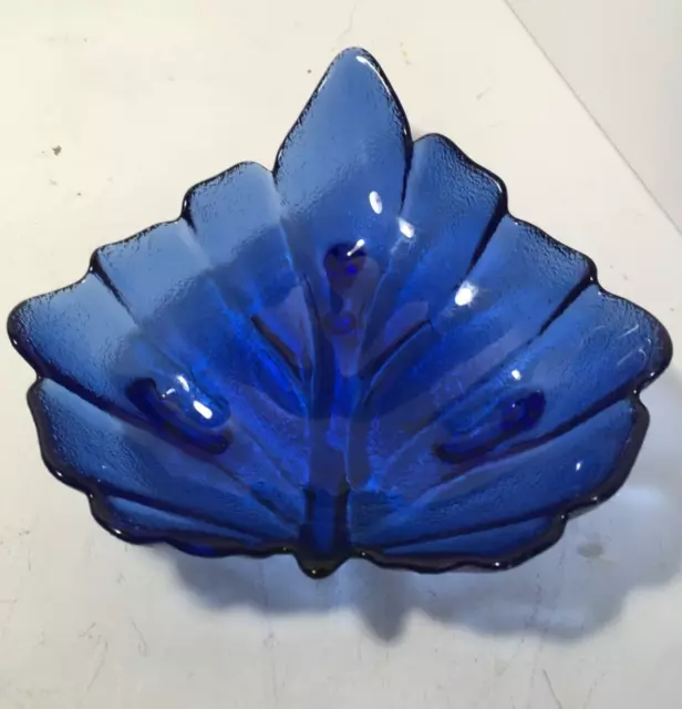 Vintage Cobalt Blue Glass Footed Leaf Bowl/Candy Dish 2