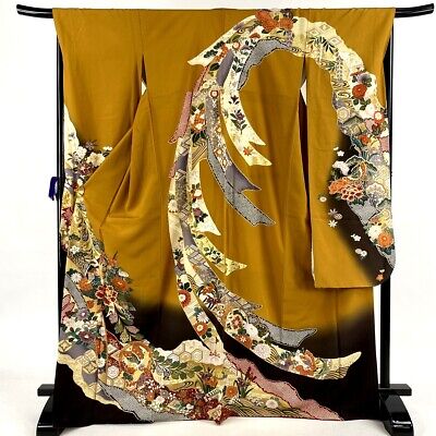 Japanese kimono SILK"FURISODE" long sleeves, Gold thread/leaf, Ribbon, L63".1538