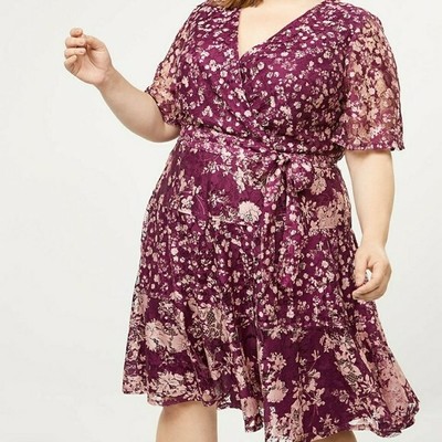 NWT Lane Bryant Floral Lace Faux Wrap Fit & Flare Dress in Burgundy Sz 26
