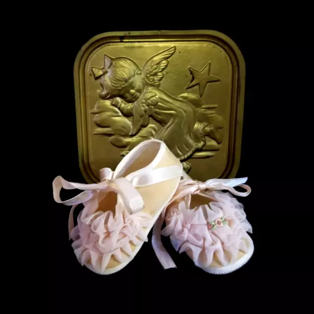 Pair MRS. DAY'S Ideal Baby Doll Shoes Pink Ruffle Original Box 1960's Size 2 VTG