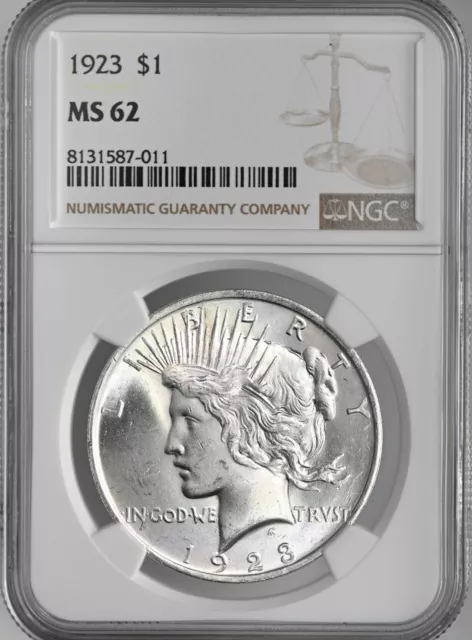 1923-P $1 Peace Silver Dollar Mint State Ngc Ms62  #8131587-011 Freshly Graded!