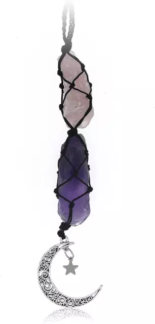 Hanging Car Charm - Rose Quartz, Amethyst - Dangling Moon, Healing Crystal Acces