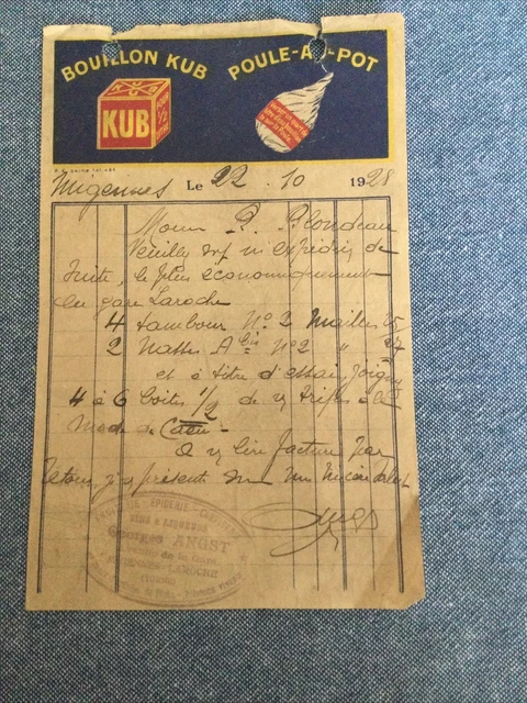 Ancienne facture publicitaire bouillon kub et poule-au-pot 1928 état d usage