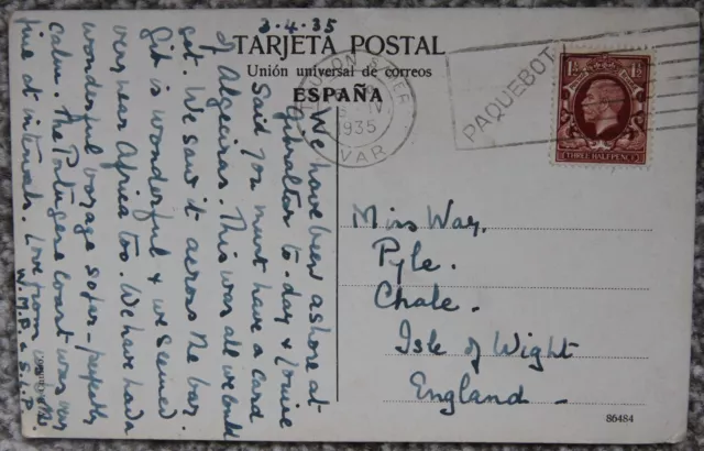 1935 Paquebot Algeciras Lavendel Waschmaschine Postkarte Gibraltar & Spanien 3