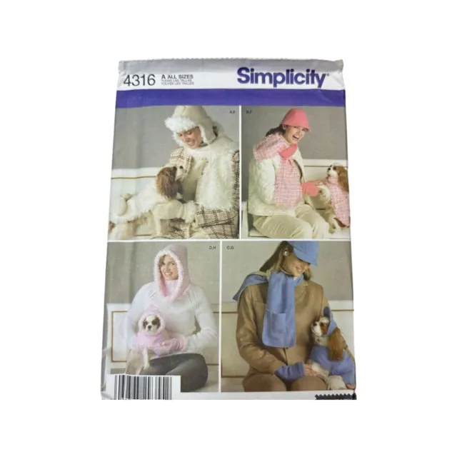 4316 Simplicity MIsses Hat Scarf Mittens Dog Jacket Sewing Pattern Osz Uncut