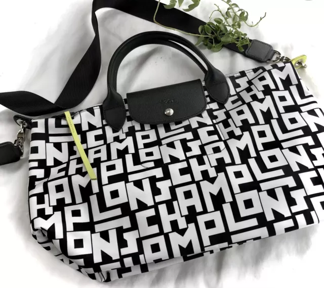 LONGCHAMP PARIS Le PLIAGE BLACK WHITE SIGNATURE MEDIUM TOTE BAG NEW