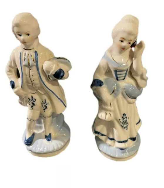Early American Colonial Victorian Porcelain Figurines * Blue & White Man & Woman