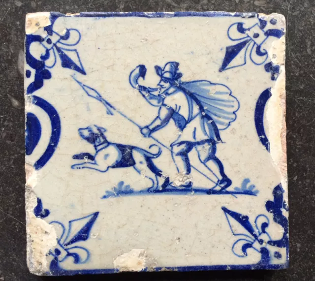 Antique Very Rare Dutch Delft Tile Hunting-Man & Dog Candelabrum Circa 1625-1650