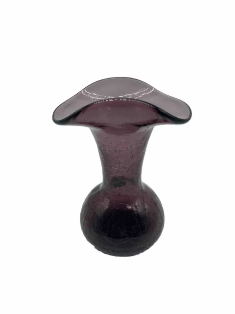 VTG Purple Crackle Glass Bud Vase RAINBOW GLASS Hand Blown Ruffled Top