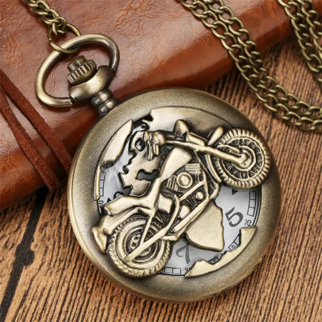 Bronze Vintage Retro Motorbike Pocket watch Steampunk half hunter Chain Quartz 2