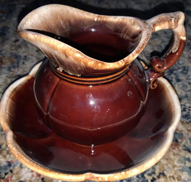 Vintage Marked MCCoy Pitcher and Bowl Set Brown Glaze Drip Pottery Ceramic