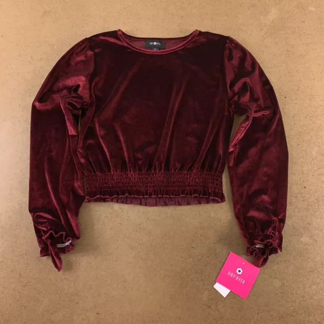 Amy Byer Girls XL (16) Burguny Glittered Velvet Long Sleeve Smocked Hem Top NWT