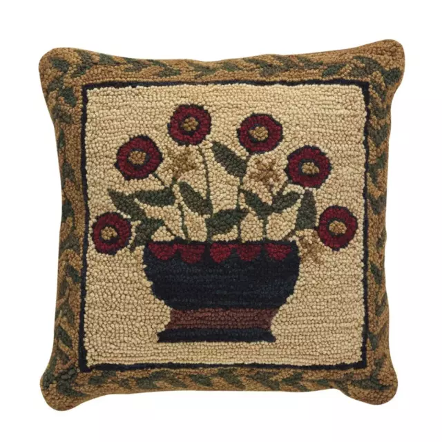 Primitive/Country Folk art Hooked 18" Pillow Flower Basketw/insert